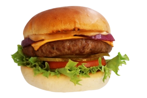 100% rundvlees burger (125 gr.) op een luxe broodje met cheddar, gebakken ui, sla, tomaat, augurk en classicsaus