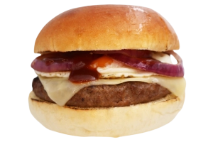 100% rundvlees burger (125 gr.) op een luxe broodje met goudse kaas, gebakken uien, gebakken ei en smokey barbeque saus.