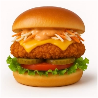 Malse chicken burger (125 gr.) van 100% kipfilet op een luxe broodje met cheddar, sla, coleslaw, tomaat, augurk en classicsaus