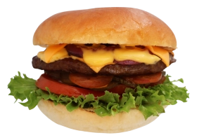 100% rundvlees burger (100 gr.) op een luxe broodje met cheddar, gebakken bacon(kip), gebakken ui, sla, tomaat, augurk en signature burgersaus.