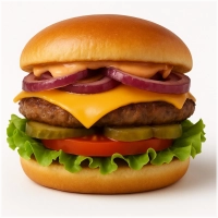 100% rundvlees burger (125 gr.) op een luxe broodje met cheddar, gebakken ui, sla, tomaat, augurk en classicsaus
