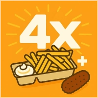 De perfecte deal voor met z'n vieren. 4 Medium friet met saus naar keuze + 4 snacks naar keuze 