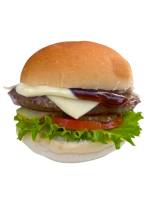 Rundvlees burger (100 gr.) op een zacht bolletje met mayo, curry, sla, tomaat, augurk en gesmolten kaas