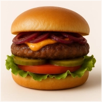 Rundvlees burger (100 gr.) op een zacht bolletje met spicy mayo, sla, tomaat, augurk en gebakken ui