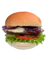 Rundvlees burger (100 gr.) op een zacht bolletje met mayo, curry, sla, tomaat, augurk en gebakken ui