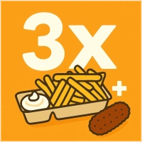 De perfecte deal voor met z'n drie. 3 Medium friet met saus naar keuze + 3 snacks naar keuze 