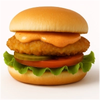 Crispy chicken burger op een zacht bolletje met spicy mayo, sla, tomaat en augurk
